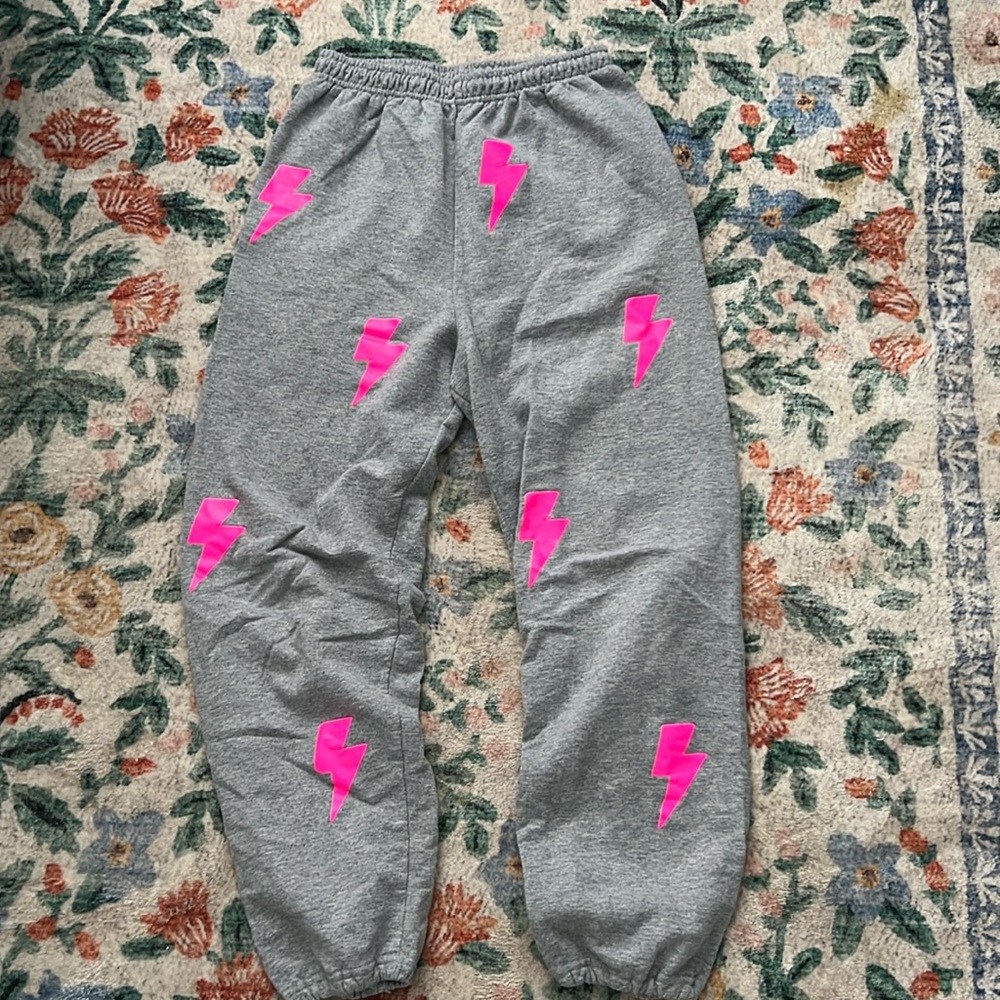 grey and pink lightning joggers